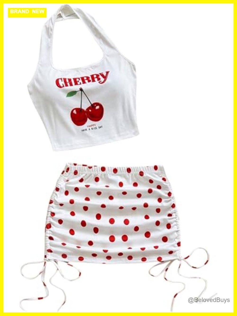 Cherry Crop Top and Polka Dot Mini Skirt 2 Piece Set Y2k Halter Neck Outfit